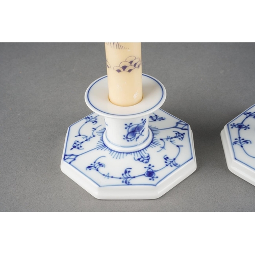 13 - A pair of Royal Copenhagen Musselmalet pattern octagonal shaped candle sticks, model no 3334, factor... 