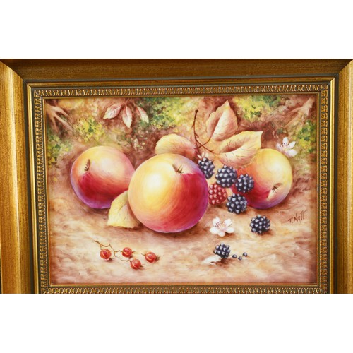 29 - A Royal Worcester rectangular hand painted fruit study plaque of apples and blackberries on a bank, ... 
