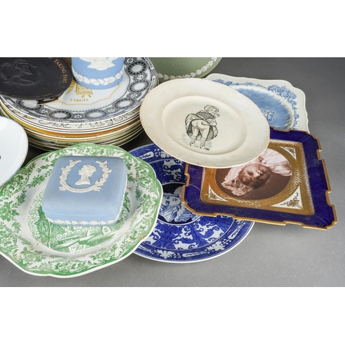 56 - A box of assorted 19th and 20th century ceramics, including Wedgwood pale blue and green jasperware,... 
