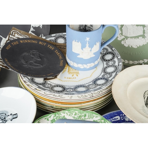 56 - A box of assorted 19th and 20th century ceramics, including Wedgwood pale blue and green jasperware,... 