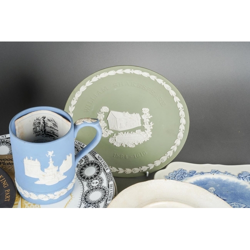 56 - A box of assorted 19th and 20th century ceramics, including Wedgwood pale blue and green jasperware,... 