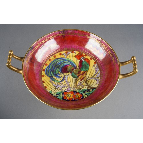 58 - A Minton two handled Lustre comport, the centre decorated with a Cockeral with sun beams behind with... 