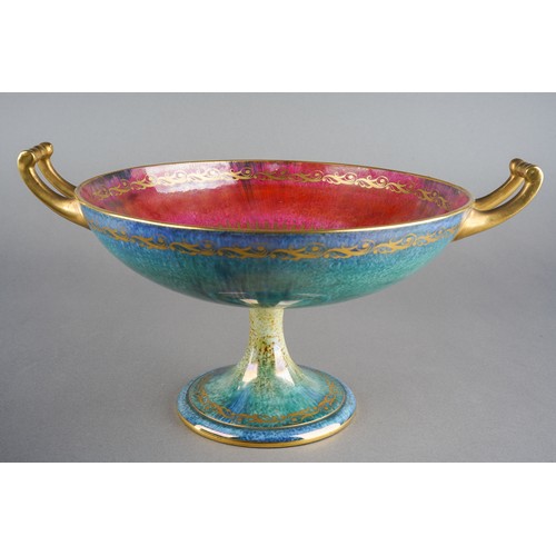 58 - A Minton two handled Lustre comport, the centre decorated with a Cockeral with sun beams behind with... 