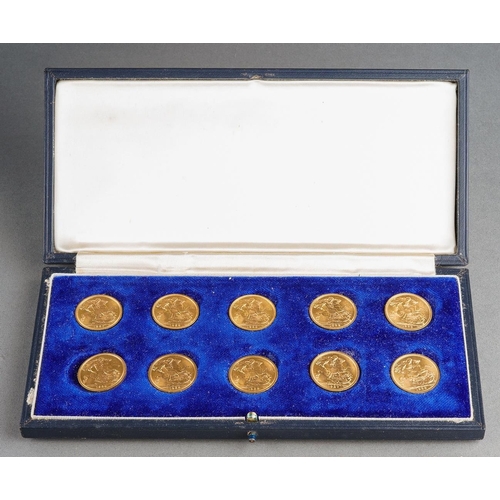 A cased set of ten Elizabeth II gold sovereigns, comprising 1957, 1958, 1959, 1962, 1963, 1964, 1965, 1966, 1967 and 1968, each weighing 8 grams, (1)