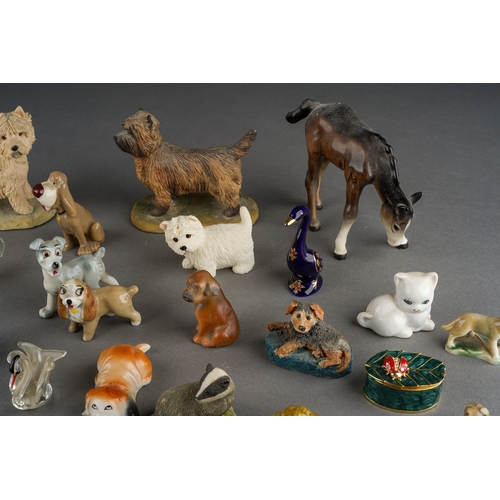 17 - A box of Wade Whimsies, Wade Disney dogs, Border Fine Arts terriers, glass animals, other ceramic an... 