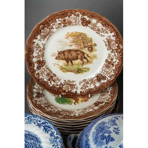 63 - Assorted ceramics to include: Palissy Games Series nine dinner plates together with blue and white d... 