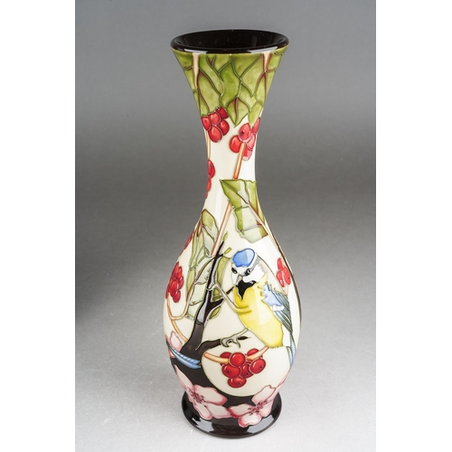 104 - A Moorcroft The Acrobats [Blue Tits] elongated vase, designed by Paul Hilditch, 2010 date code cyphe... 
