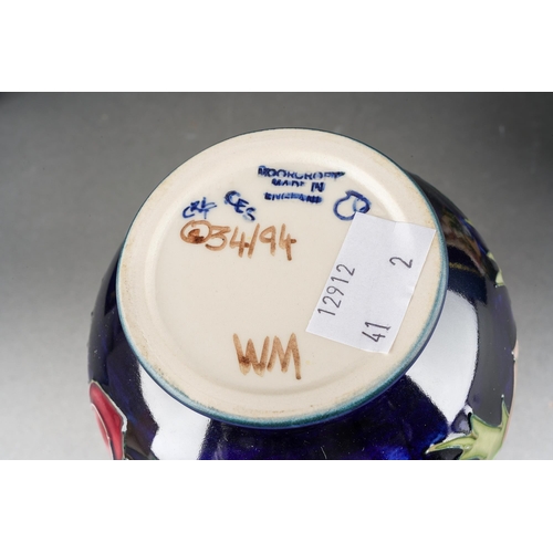 121 - A Moorcroft Anemone squat vase, cobalt blue ground, 1999 date code cypher, printed and painted marks... 