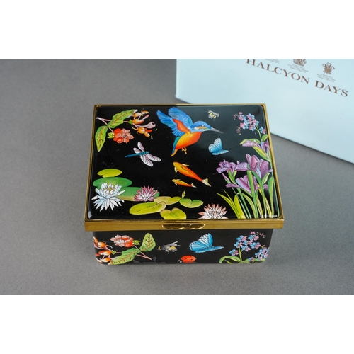 173 - A boxed Halcyon Days rectangular enamel trinket box, the black ground decorated with kingfisher, car... 