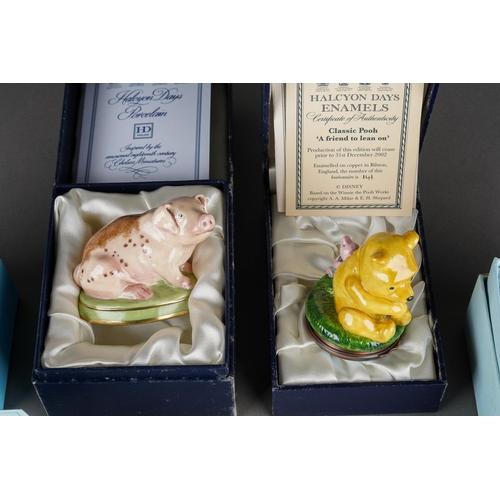 174 - Five boxed Halcyon Days enamel and porcelain items, comprising a porcelain Gloucester Old Spot Pig, ... 
