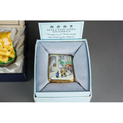 174 - Five boxed Halcyon Days enamel and porcelain items, comprising a porcelain Gloucester Old Spot Pig, ... 