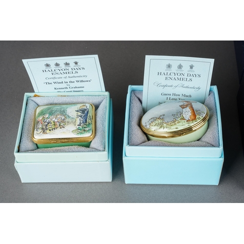 174 - Five boxed Halcyon Days enamel and porcelain items, comprising a porcelain Gloucester Old Spot Pig, ... 