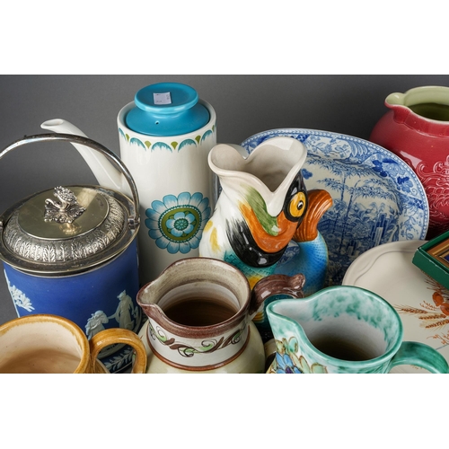 185 - Assorted ceramics including a Wedgwood biscuit barrel with Walker & Hall silver plate cover, impress... 