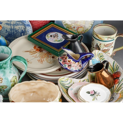 185 - Assorted ceramics including a Wedgwood biscuit barrel with Walker & Hall silver plate cover, impress... 