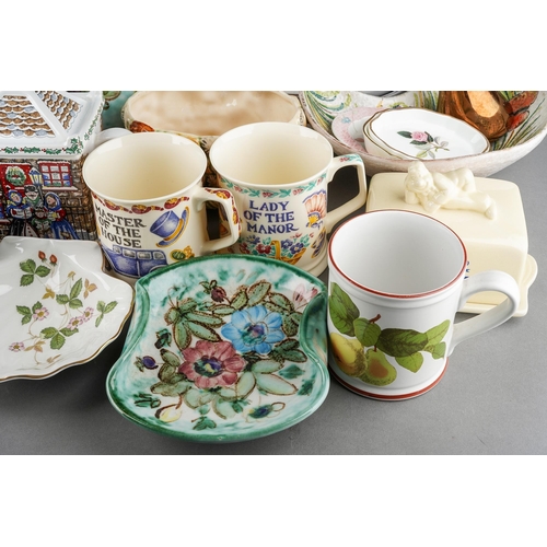 185 - Assorted ceramics including a Wedgwood biscuit barrel with Walker & Hall silver plate cover, impress... 
