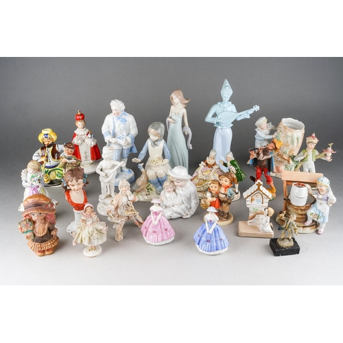 189 - A collection of twenty Continental and English porcelain figures including Lladro Ingenue, Serenade ... 