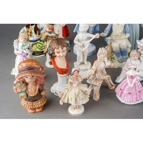 189 - A collection of twenty Continental and English porcelain figures including Lladro Ingenue, Serenade ... 