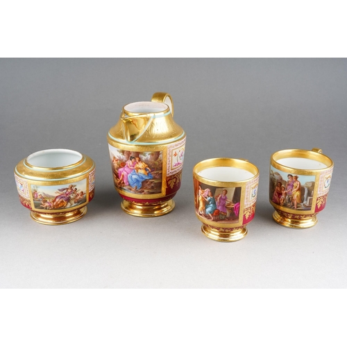 193 - A part Vienna porcelain teaset to include a pair of cabinet cups, a sugar bowl and a hot water jug, ... 
