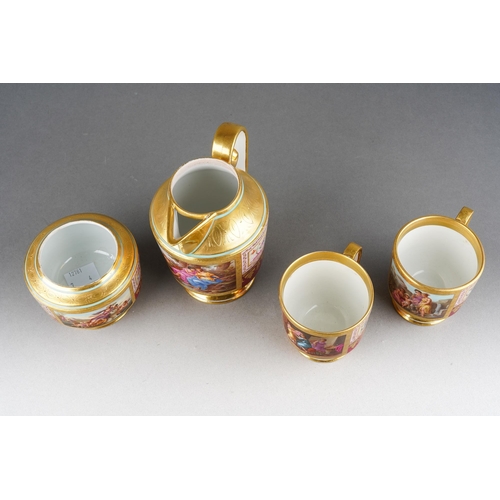 193 - A part Vienna porcelain teaset to include a pair of cabinet cups, a sugar bowl and a hot water jug, ... 
