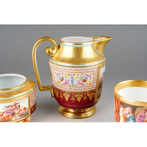 193 - A part Vienna porcelain teaset to include a pair of cabinet cups, a sugar bowl and a hot water jug, ... 
