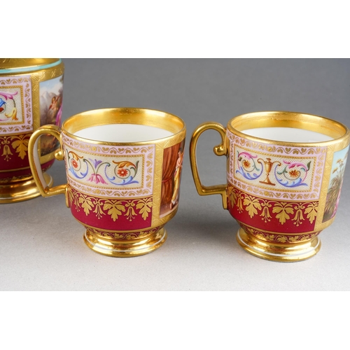 193 - A part Vienna porcelain teaset to include a pair of cabinet cups, a sugar bowl and a hot water jug, ... 