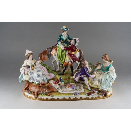 194 - A late 20th century Continental porcelain figure group in 18th century style, modelled as a hunting ... 