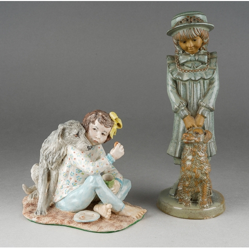205 - A Modern glazed pottery model of a girl with her dog, signed Brenda Garner and a figure of a standin... 
