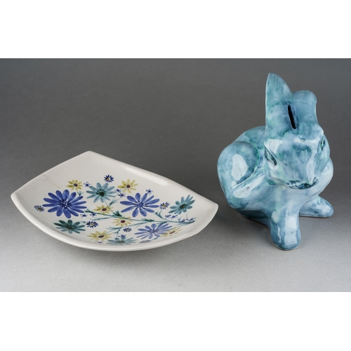 206 - A David Sharp pottery money box modelled as a blue rabbit, signed to underide and a Rye pottery shap... 