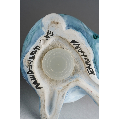 206 - A David Sharp pottery money box modelled as a blue rabbit, signed to underide and a Rye pottery shap... 