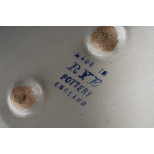 206 - A David Sharp pottery money box modelled as a blue rabbit, signed to underide and a Rye pottery shap... 