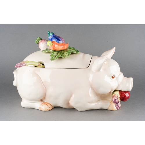 209 - A 20th Century large novelty soup tureen modelled as a Pig eating an apple and asparagus, the cover ... 