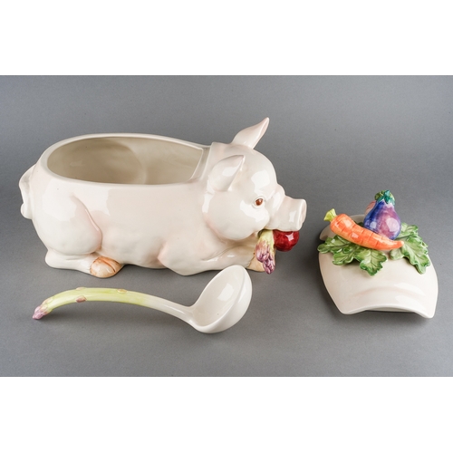 209 - A 20th Century large novelty soup tureen modelled as a Pig eating an apple and asparagus, the cover ... 