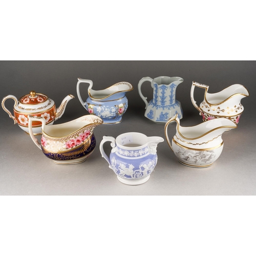214 - A collection of 19th Century cream jugs to include: 
1. Coalport with central cobalt blue and gilt, ... 