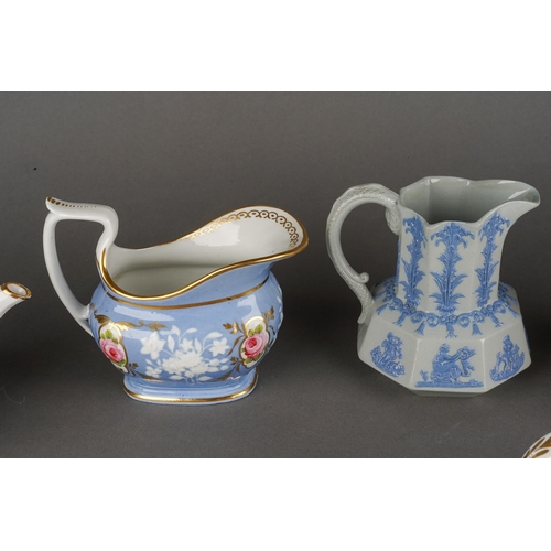 214 - A collection of 19th Century cream jugs to include: 
1. Coalport with central cobalt blue and gilt, ... 