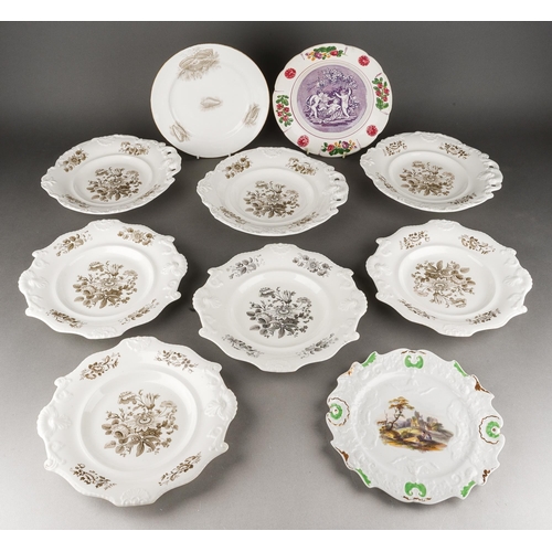 217 - A collection of 19th Century plates to include: 
1. Masons cabbage leaf border plate and hand painte... 