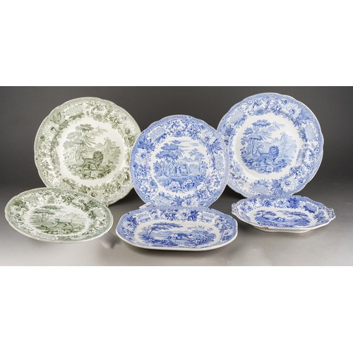 224 - A collection of four blue and white and two green and white 19th Century blue and white Aesop Fables... 