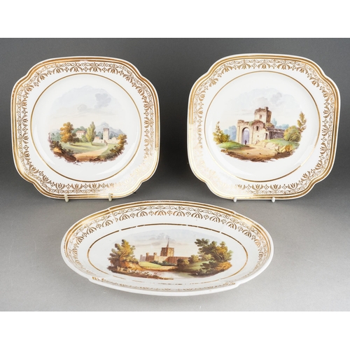 225 - A pair of early 19th Century Spode Etruscan shape plates, circa 1820, both painted with landscapes i... 