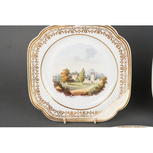 225 - A pair of early 19th Century Spode Etruscan shape plates, circa 1820, both painted with landscapes i... 