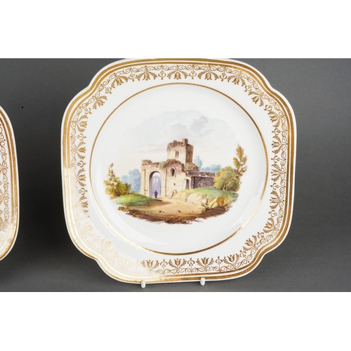 225 - A pair of early 19th Century Spode Etruscan shape plates, circa 1820, both painted with landscapes i... 