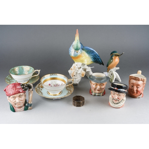 237 - Two Karl Ens bird figures including cockatoo 22 cm high and a kingfisher, 4 small toby jugs, two par... 