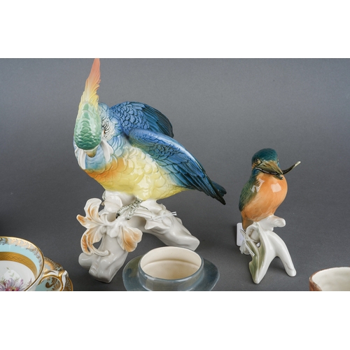237 - Two Karl Ens bird figures including cockatoo 22 cm high and a kingfisher, 4 small toby jugs, two par... 