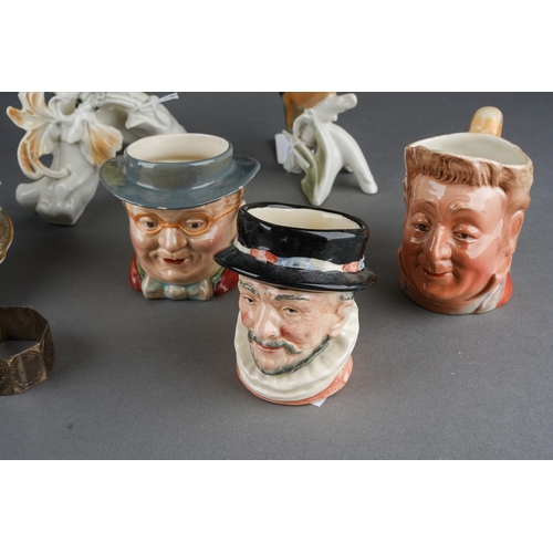 237 - Two Karl Ens bird figures including cockatoo 22 cm high and a kingfisher, 4 small toby jugs, two par... 