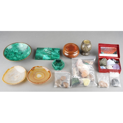 A collection of hardstone decorative items and rock and mineral samples ...