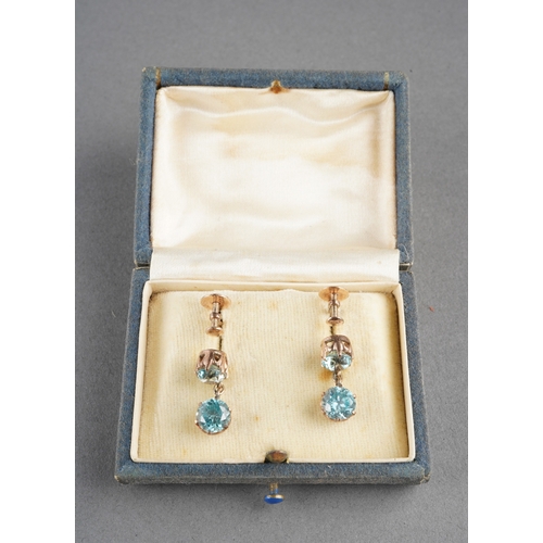 949 - A pair of mid 20th century yellow metal blue zircon earrings. Earrings approx length 18mm, approx gr... 