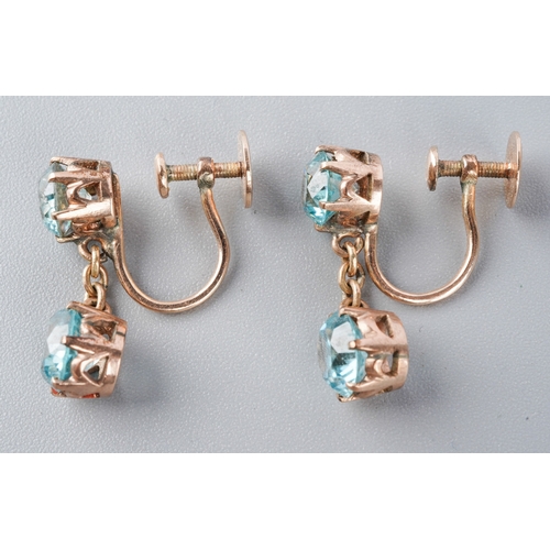 949 - A pair of mid 20th century yellow metal blue zircon earrings. Earrings approx length 18mm, approx gr... 