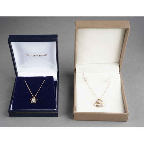 953 - Two diamond set yellow metal pendant wit chain. Pendants stamped 375 or 9ct, approx length pendants ... 