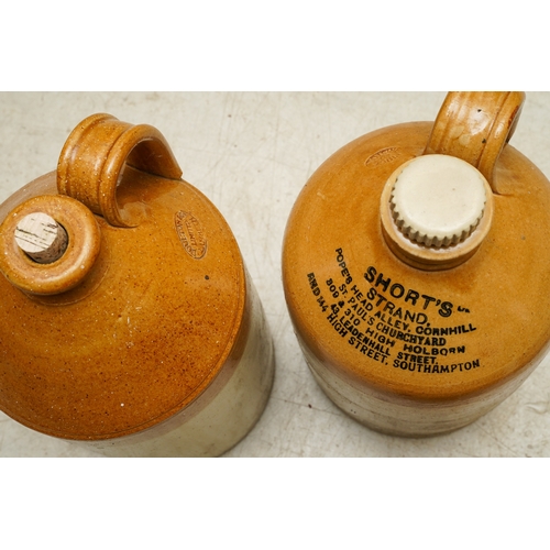 2 - Four Stoneware storage jars / flagons, two unbranded - one with loop handle impressed Doulton and tw... 