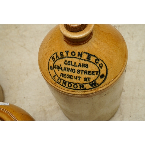 2 - Four Stoneware storage jars / flagons, two unbranded - one with loop handle impressed Doulton and tw... 