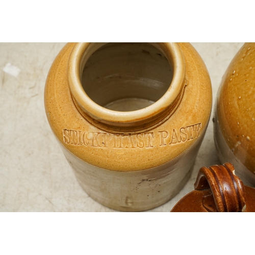 3 - Five Stoneware storage vessels / flagons including three unbranded, the larger vessel stamped Port-D... 