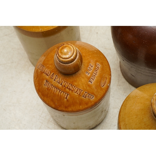 4 - Six Stoneware storage vessels / flagons, one unbranded burgundy glazed with loop handle with three t... 
